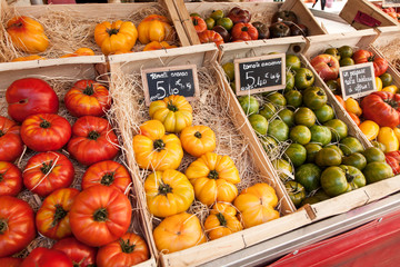 Fresh heirloom tomatoes  in the market of south France