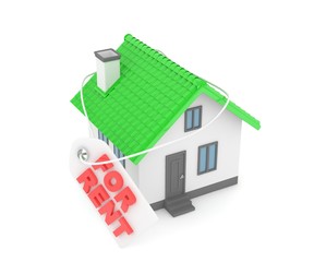 Miniature model of house real estate for rent label on white background. 3D rendering.