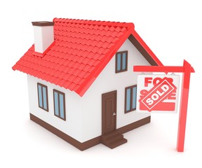 Isolated model of house with sign for sale sold. Concept of real estate, new apartment and moving to a new house. 3D rendering.