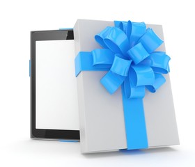 Tablet in white gift box with blue bow and ribbons on white. 3D rendering.