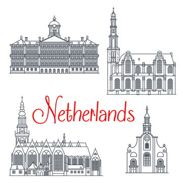 Thin line travel icons of Netherlands