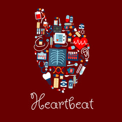 Human heart made of medical equipments icons