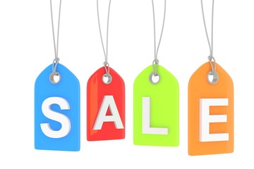 Colorful isolated sale labels on white background. Price tags. Special offer and promotion. Store discount. Shopping time. 3D rendering.