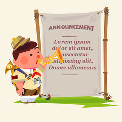 cute trumpeter. scout boy character blowing trumpet to announcin