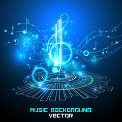Abstract shiny musical note on blue background. futuristic vector
