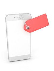 White smart phone with red price tag on white background. Identification, price, label. 3D rendering.