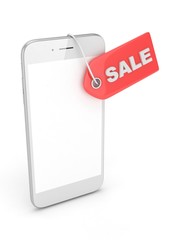 White smart phone with red price tag on white background. Identification, price, label. 3D rendering.