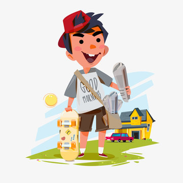paperboy holding newspaper with his skateboard and people home i