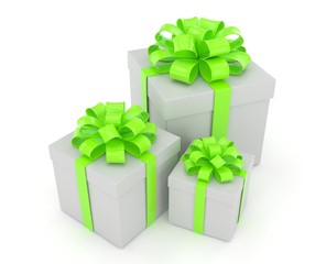 three gift boxes with bows isolated on white. 3d rendering.