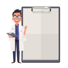 Happy doctor character design showing blank clipboard sign for p