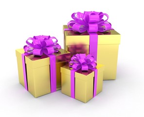 Obraz premium three gift boxes with bows isolated on white. 3d rendering.