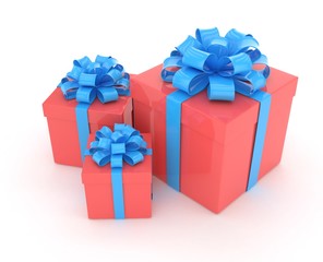 three gift boxes with bows isolated on white. 3d rendering.