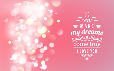 Happy Valentines Day Greeting Card with typography, heart, arrows, Bokeh background.  14 February. Vector Blurred Soft Background.