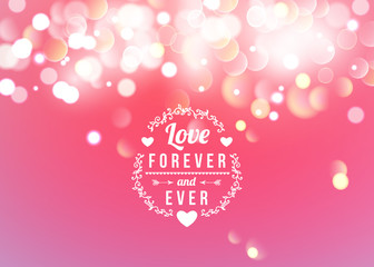 Happy Valentines Day Greeting Card with typography, heart, arrows, Bokeh background.  14 February. Vector Blurred Soft Background.