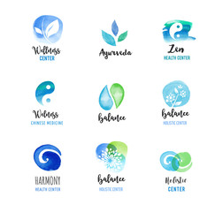 Alternative medicine and wellness, yoga concept - vector watercolor icons