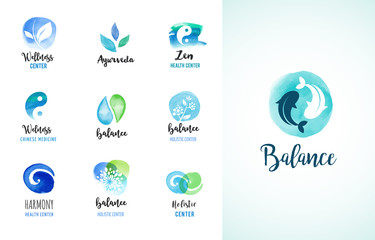 Alternative medicine and wellness, yoga concept - vector watercolor icons