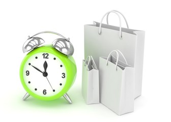 alarm clock and shopping bag (time to buy concept). 3d rendering.