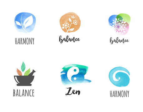 Alternative medicine and wellness, yoga concept - vector watercolor icons