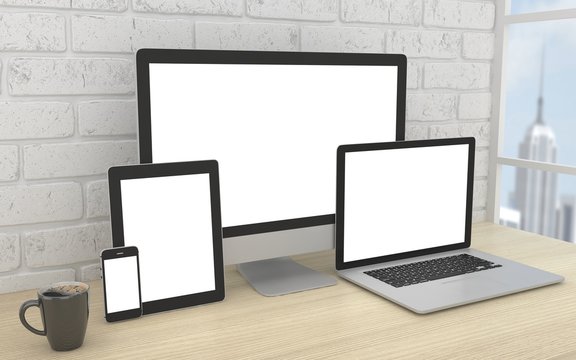 Responsive mockup screen. Monitor, laptop, tablet, phone on table in office. 3d rendering.