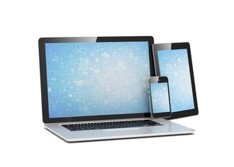 laptop, tablet, phone, on white. 3d rendering.