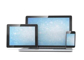 laptop, tablet, phone, on white. 3d rendering.
