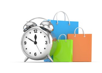 alarm clock and shopping bag (time to buy concept). 3d rendering.