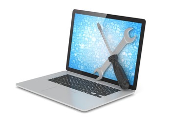 3D Illustration Wrench and screwdriver on laptop, service concept