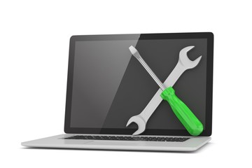 3D Illustration Wrench and screwdriver on laptop, service concept