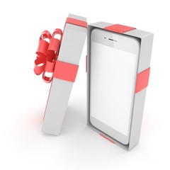 Smartphone in gift box. Isolated on white background. 3d rendering.