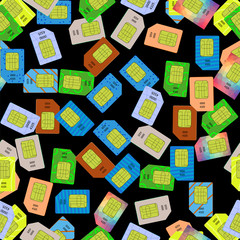 Fototapeta premium SIM Cards Seamless Pattern on Black Background.