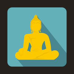 Statue of Buddha sitting in lotus pose icon in flat style on a baby blue background
