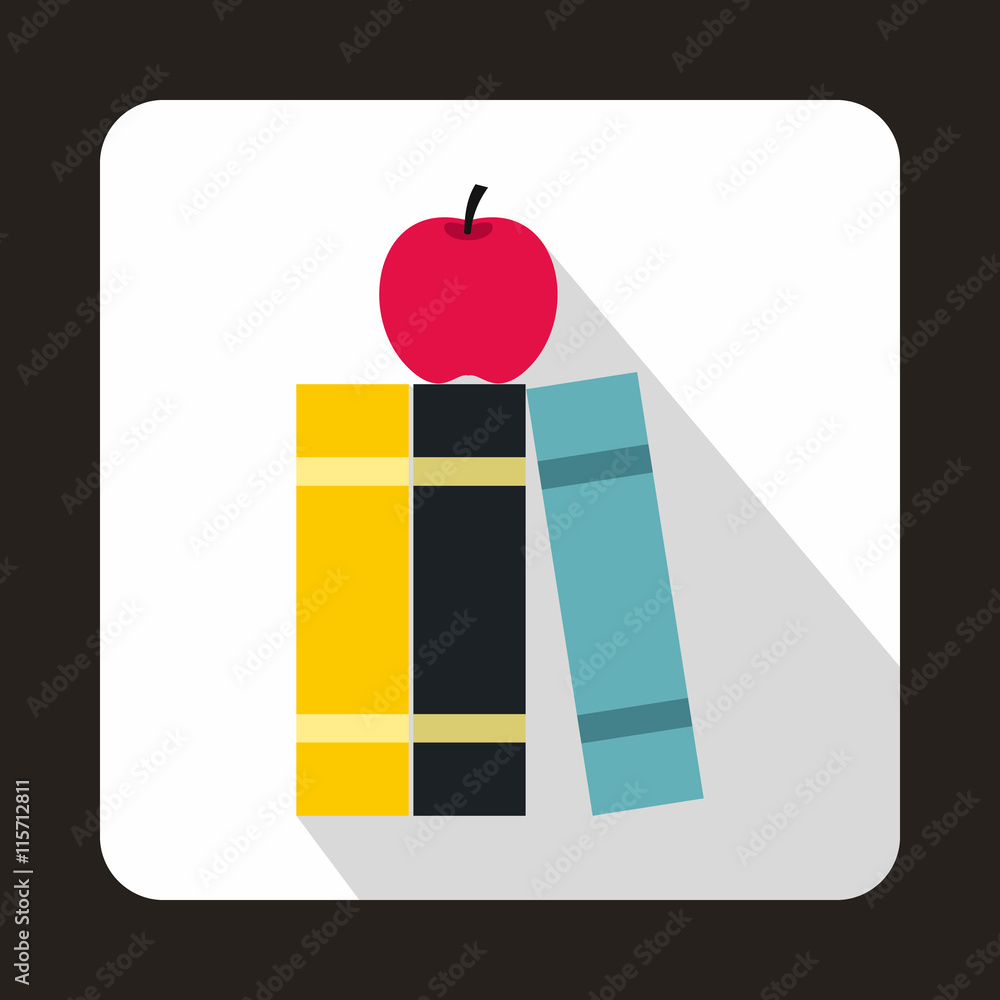 Poster stack of books and red apple icon in flat style on a white background