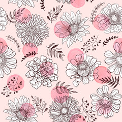 Seamless pattern from flowers outlines and watercolor dots on white background. Watercolor spots with hand drawn flower outlines.