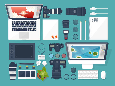 Photographer equipment on a table. Photography tools, photo editing, photoshooting flat background. Digital photocamera with lens. Vector illustration.