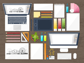 Graphic web design. Drawing and painting. Development. Illustration, sketching, freelance. User interface. UI. Computer, laptop.