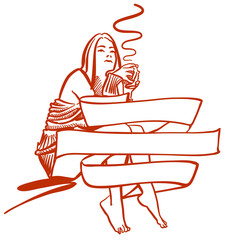 Woman holding cup of Coffee in Back of Banner