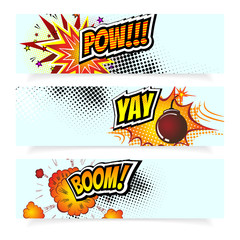 Pop Art Comic Book Vector Illustration.   Design Elements. Explosion Bomb, Steam cloud, Sound Effects, Halftone Background. Header and Footer Collection