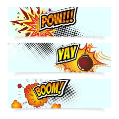 Poster Pop Art Pop Art Comic Book Vector Illustration.   Design Elements. Explosion Bomb, Steam cloud, Sound Effects, Halftone Background. Header and Footer Collection