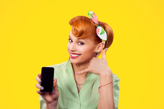 Call me. Pin up style girl with phone