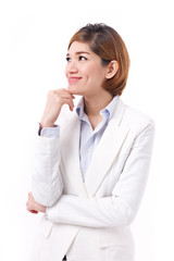 happy, positive, smiling business woman looking up