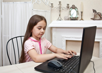 The girl writes in the computer at home