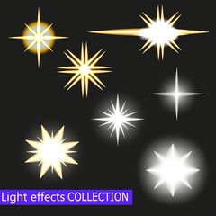 Fototapeta na wymiar Set of Glowing Light Stars with Sparkles