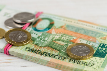 close-up of new money Belarus, banknotes and coins, shallow dof
