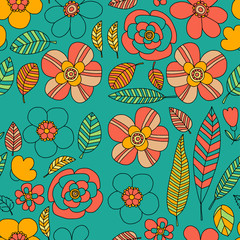 Doodle pattern with flower and leaves Vector background