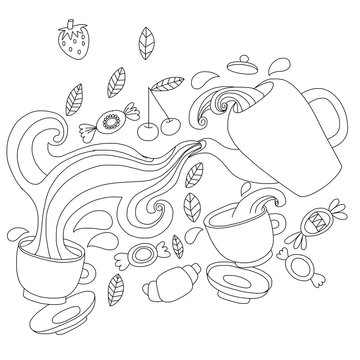 Vector doodle picture of tea, berries and candy