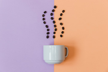 Stylish set: cup coffee beans in shape of vapor on pastel backgrounds. Flat lay. Top view.