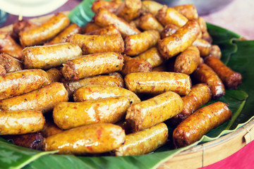 grilled sausages at street market