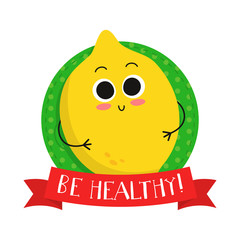Lemon, cute fruit vector character badge