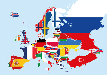 Naklejka premium Map of Europe colored with the flags of each country
