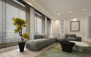 Fancy apartment living room interior with blinds - obrazy, fototapety, plakaty